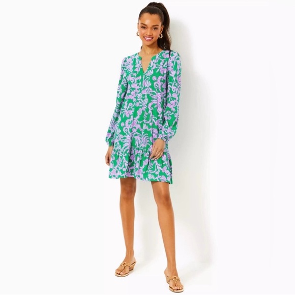 Lilly Pulitzer Alyssa A-Line Long Sleeve Dress in Brazilian Green Salty Sandbar - Picture 3 of 16